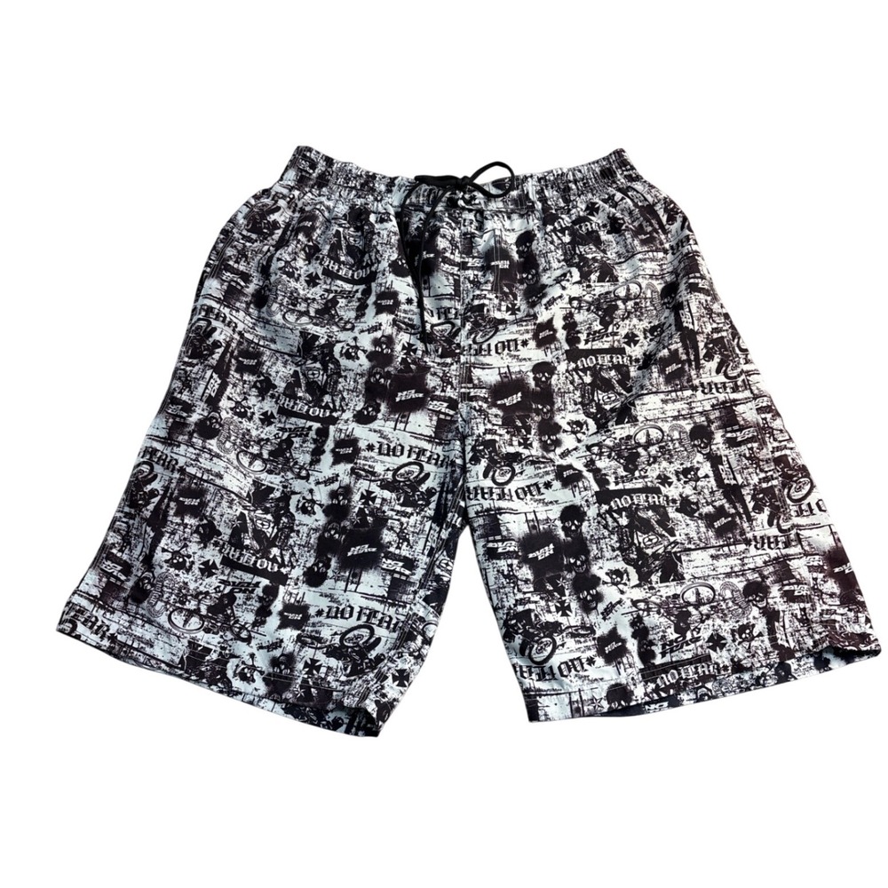 No Fear Mens Board Shorts Large Black White Graphic Print Motocross Skulls Swim